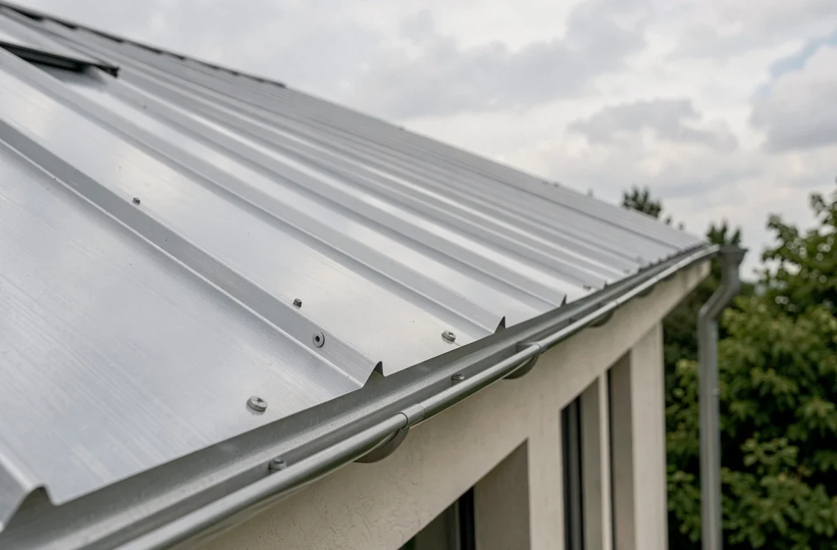 Toiture en tôle aluminium ondulée sur maison moderne avec détails des fixations et joints étanches