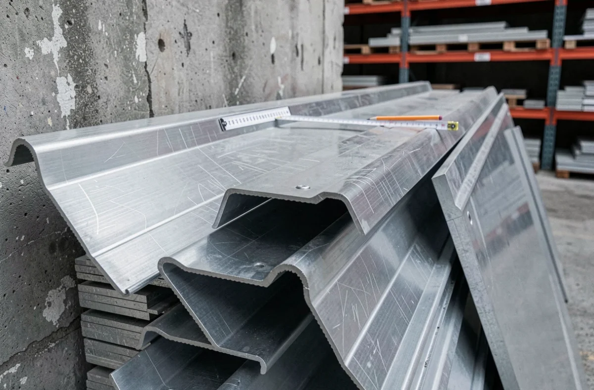Tôles en aluminium empilées dans un entrepôt de matériaux de construction montrant profil ondulé et texture métallique