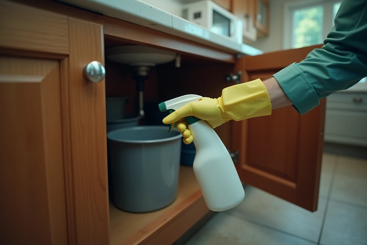 Homme avec des gants en latex traitant l'intérieur d'un placard sous évier contre une infestation de larves de mouches