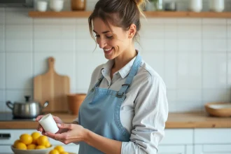 Femme lisant attentivement l'étiquette d'un contenant d'acide citrique dans une cuisine moderne avec des citrons posés sur le plan de travail