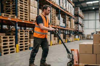 Opérateur utilisant un gerbeur manuel électrique dans un entrepôt logistique avec des rayonnages chargés de palettes