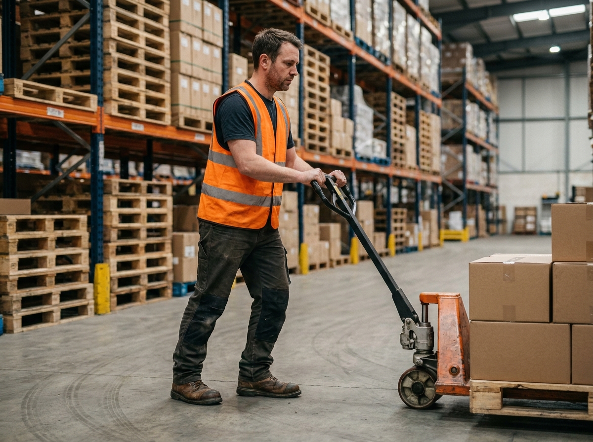 Opérateur utilisant un gerbeur manuel électrique dans un entrepôt logistique avec des rayonnages chargés de palettes