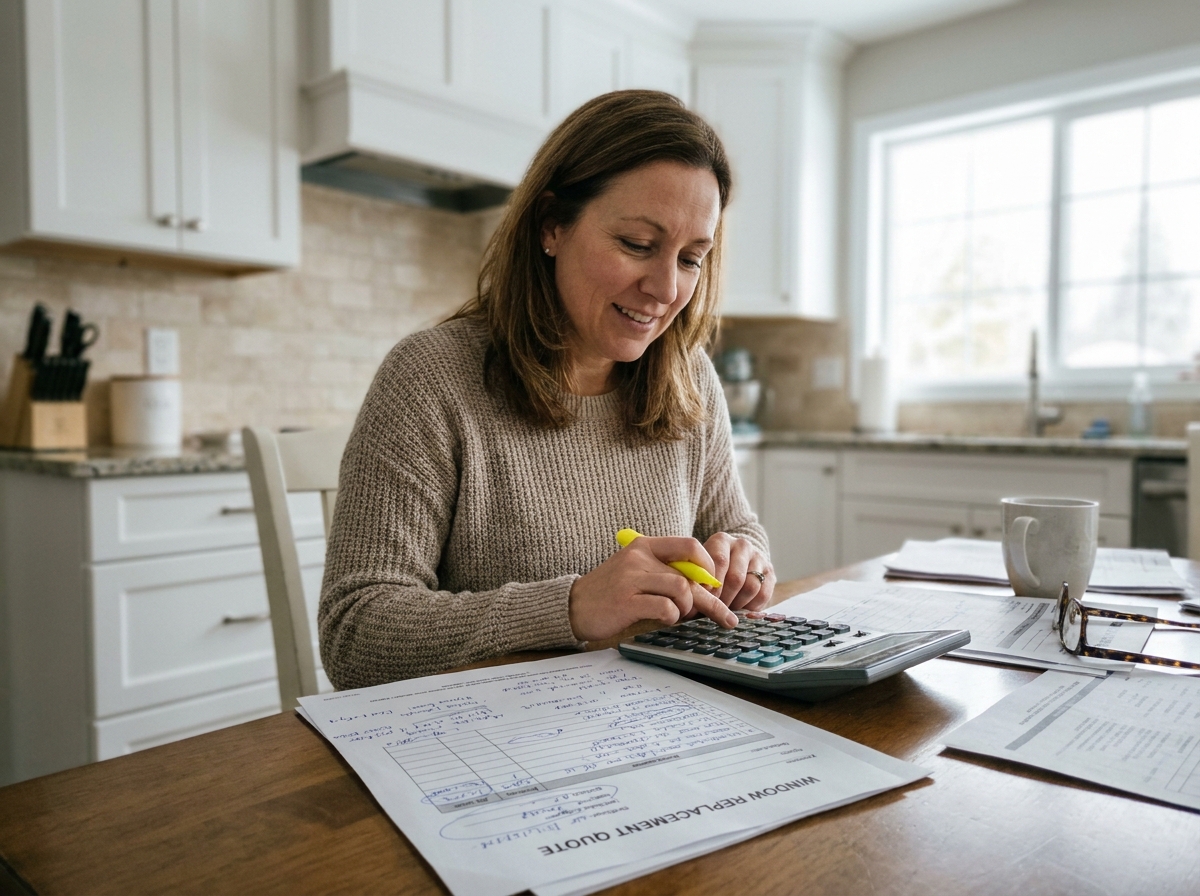 Femme analysant chaque ligne d'un devis de menuiseries avec une calculatrice