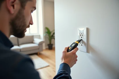 Électricien vérifiant la conformité d'une prise double Legrand sur un mur blanc dans un appartement moderne