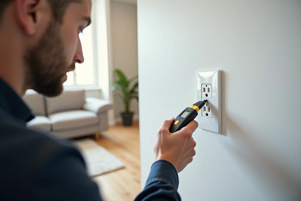 Électricien vérifiant la conformité d'une prise double Legrand sur un mur blanc dans un appartement moderne