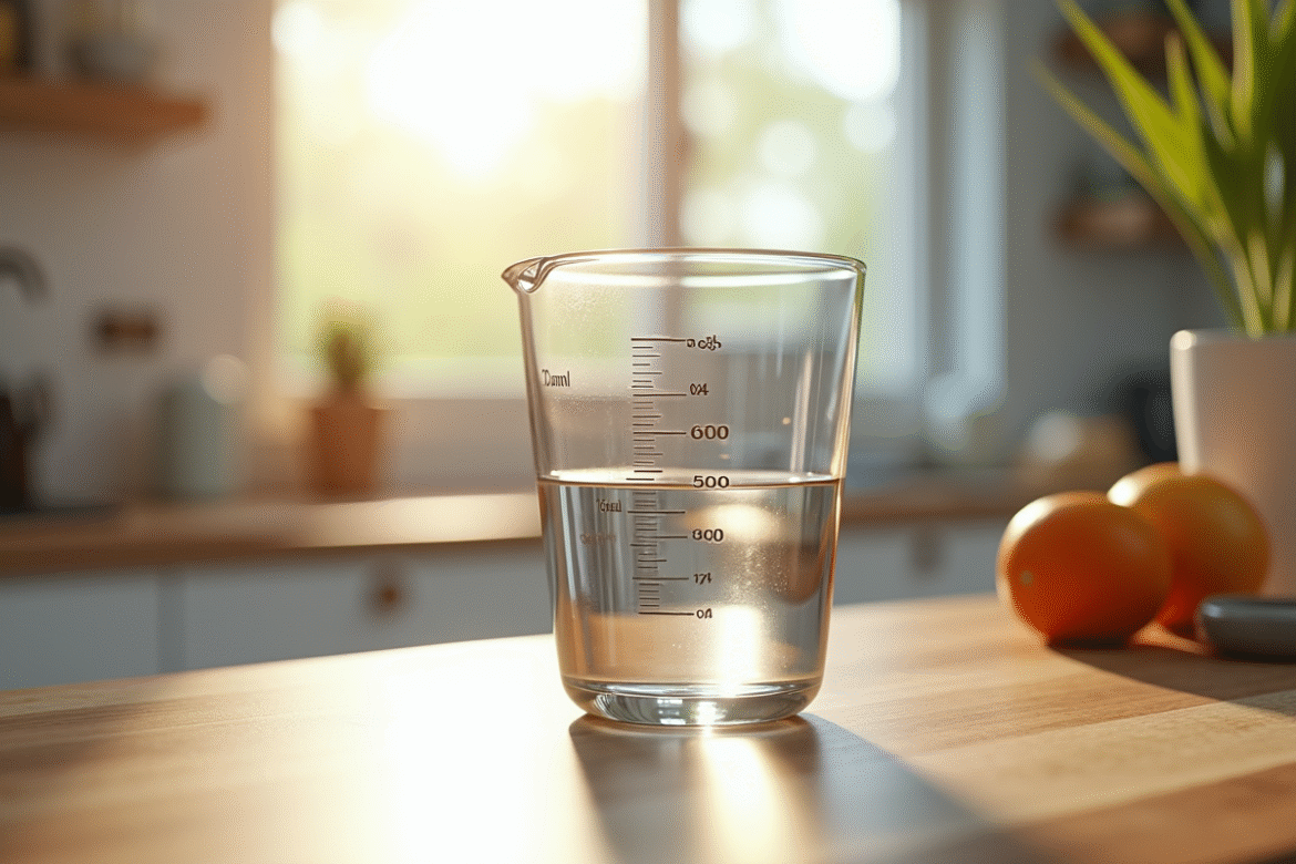 Verre mesureur rempli d'eau dans la cuisine en lumière naturelle