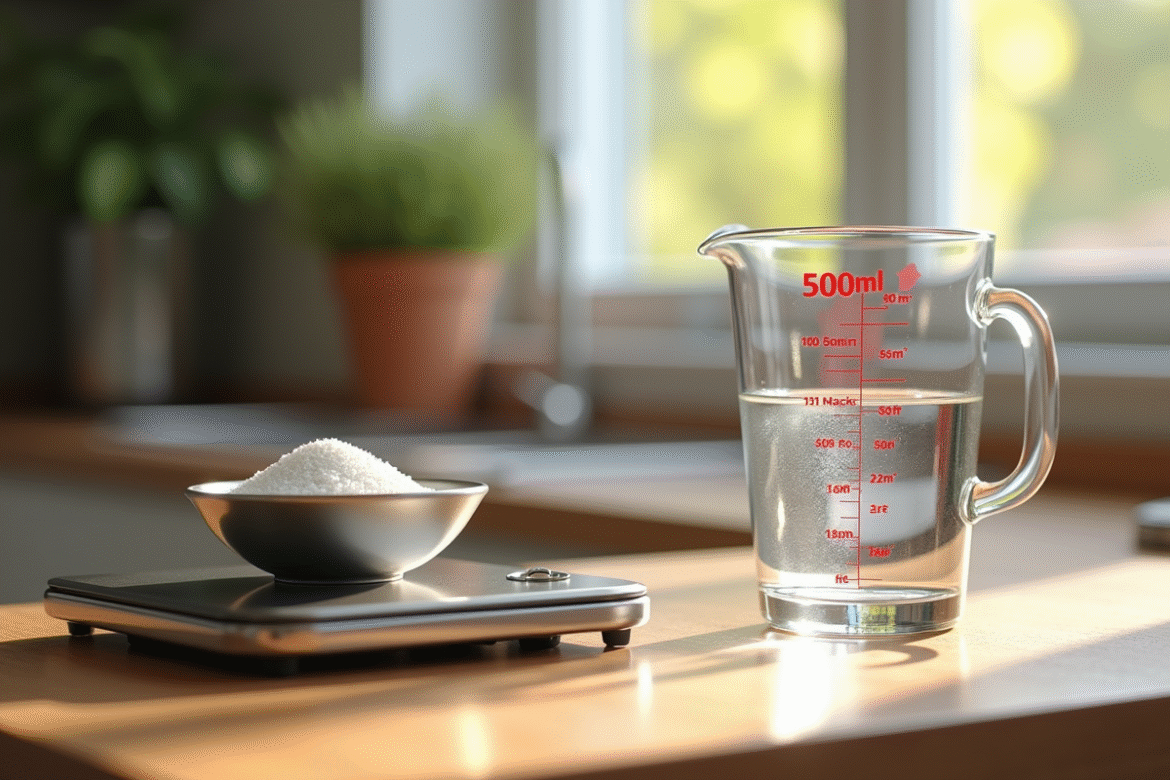 Verre mesure 500 ml d'eau avec balance de cuisine en bois