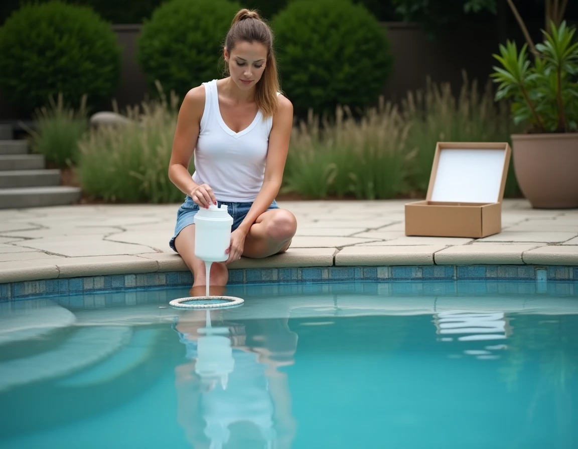 Femme versant de l'eau de javel dosée dans le skimmer d'une piscine de 50 m3 lors d'un traitement choc au chlore