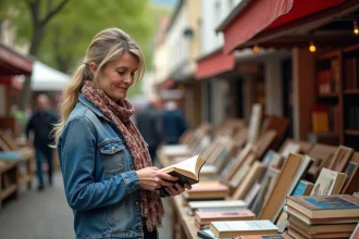 Femme vintage feuilletant un livre lors d'un vide grenier en Loire Atlantique