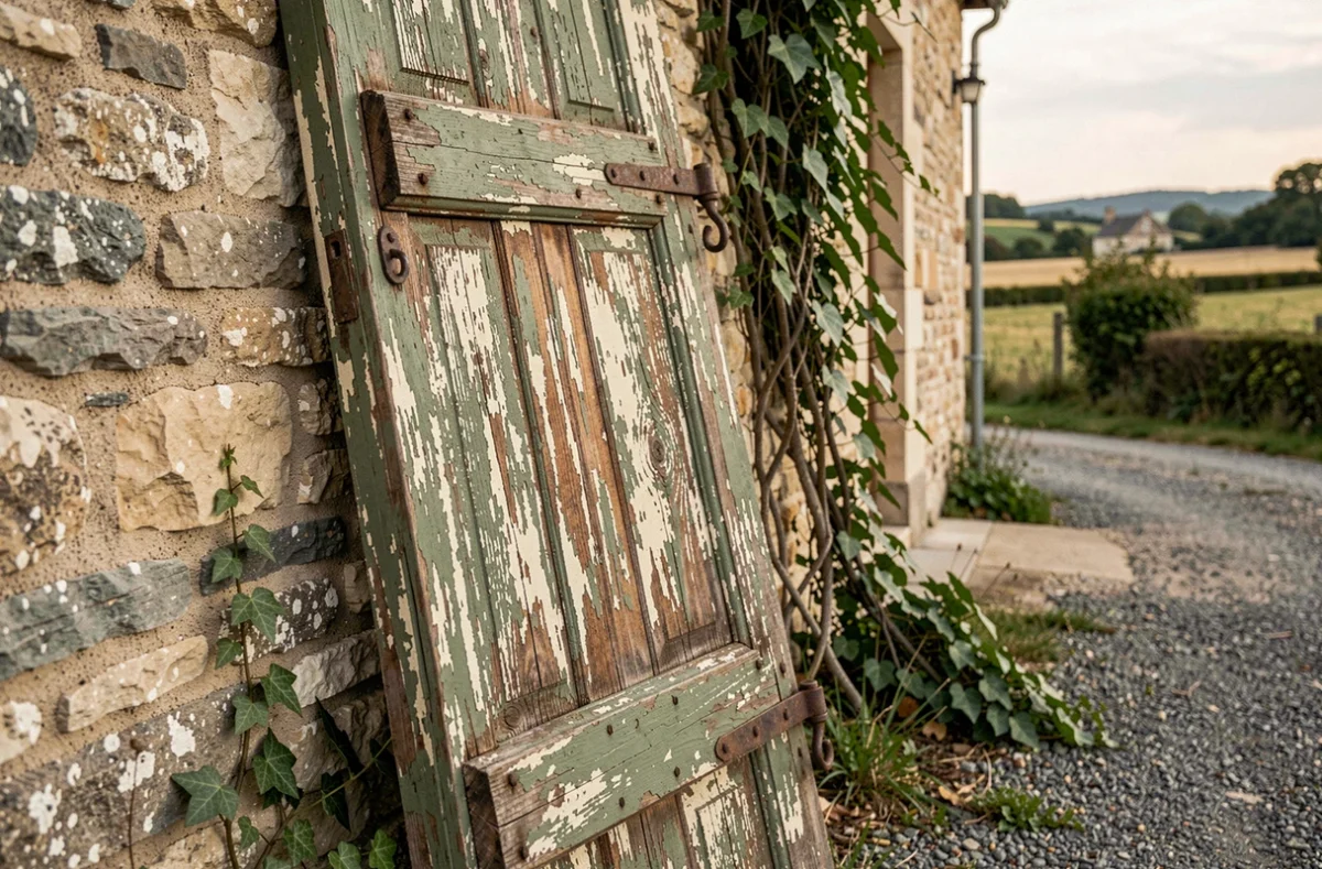 Ancienne porte en bois aux peintures écaillées appuyée contre un mur en pierre d'une ferme française
