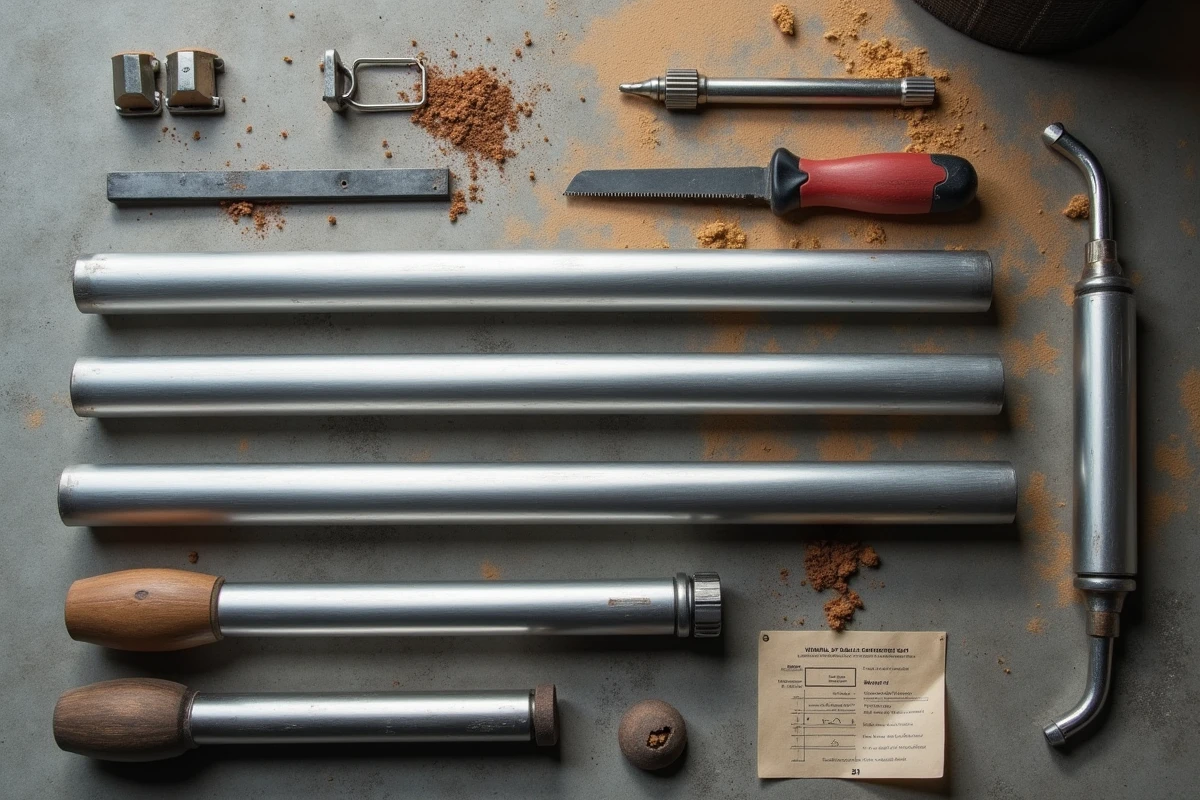 Vue aérienne de tubes en aluminium et outils de bricolage disposés sur un sol en béton d'atelier